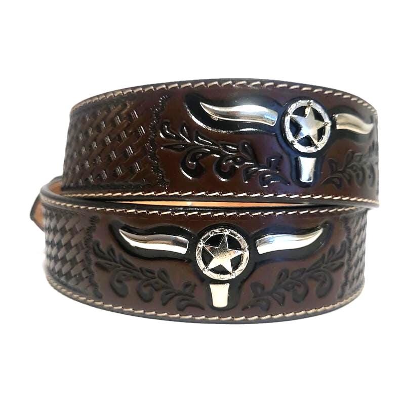 Embossed Leather Belt for Men Cowboy Brown Rodeo Rustic Western Belt