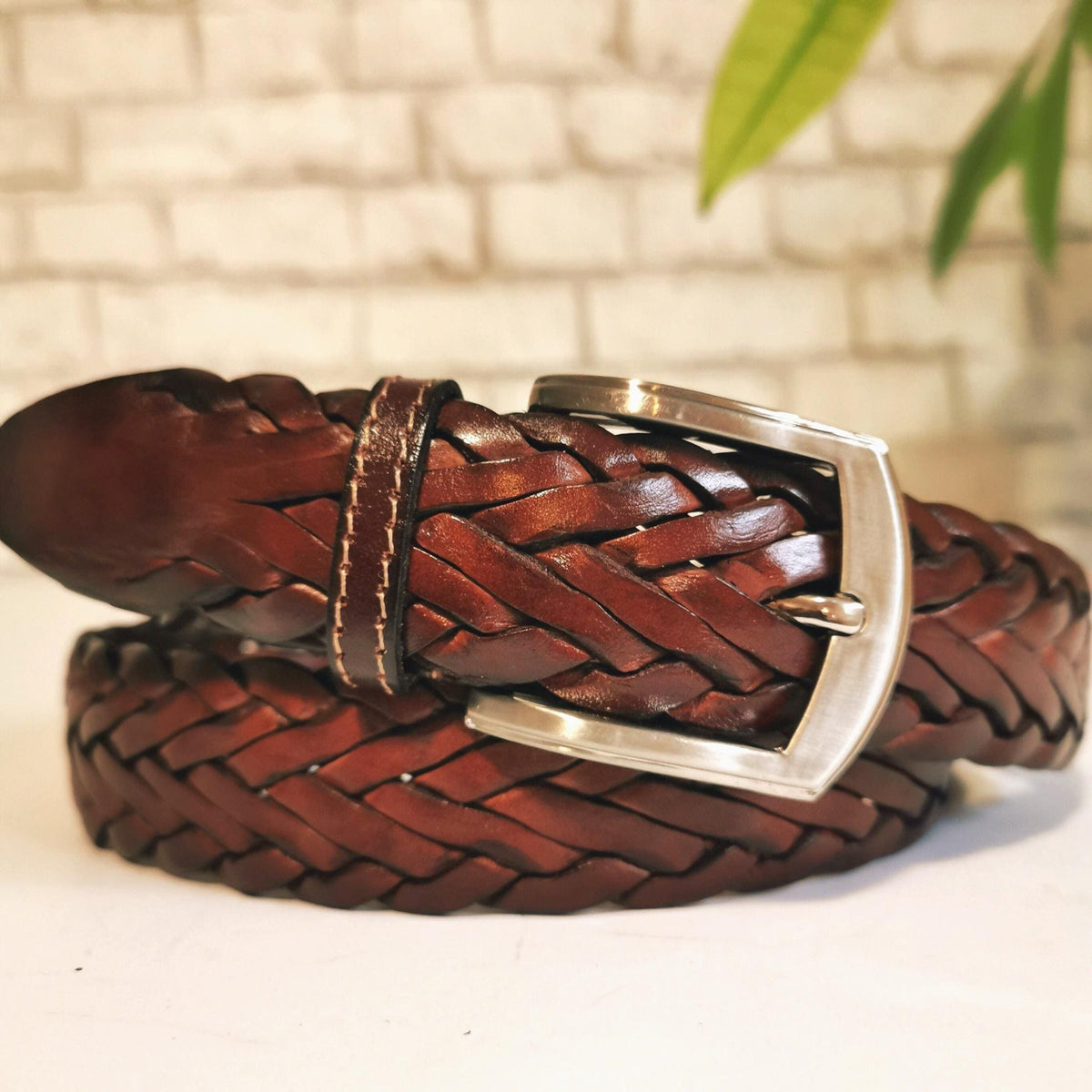Handmade Braided Leather Belt: Brown Cowhide Belt for Men