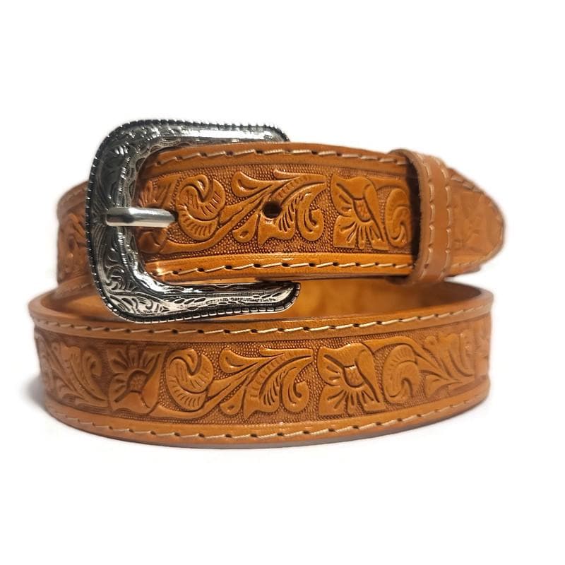 Personalized Tan Leather Belt for Kids Embossed Floral Design Boho Bohemian