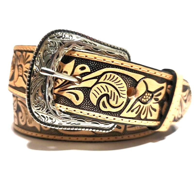 Brown Leather Belt for Women Floral Embosed Boho Rodeo Bohemian
