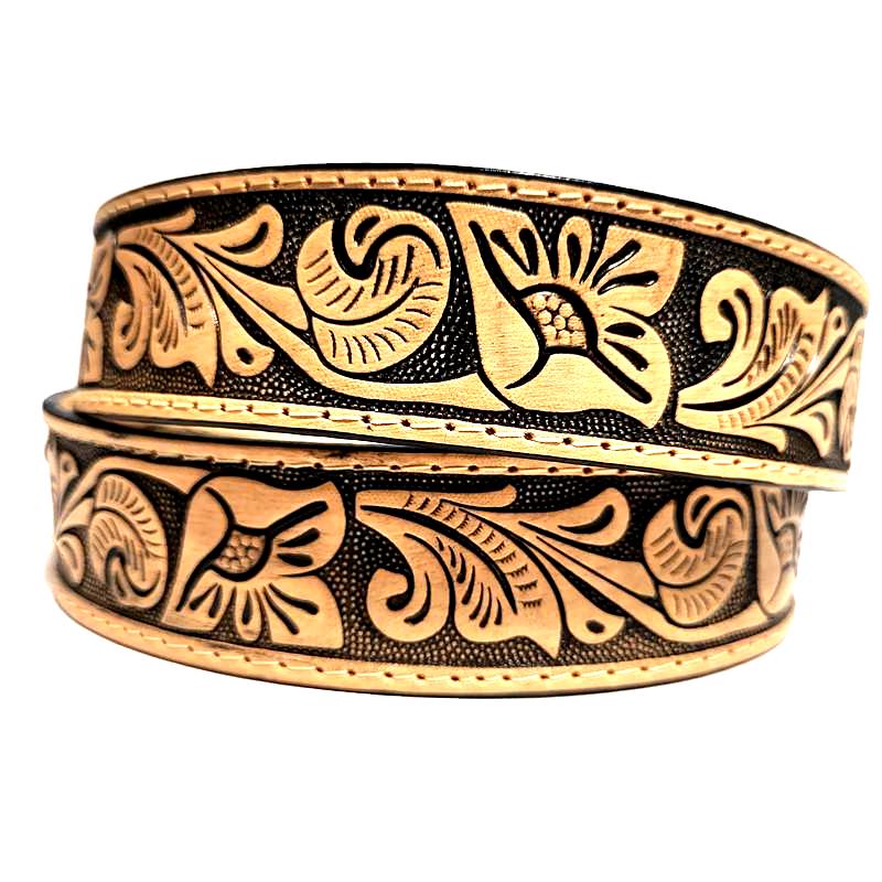 Brown Leather Belt for Women Floral Embosed Boho Rodeo Bohemian
