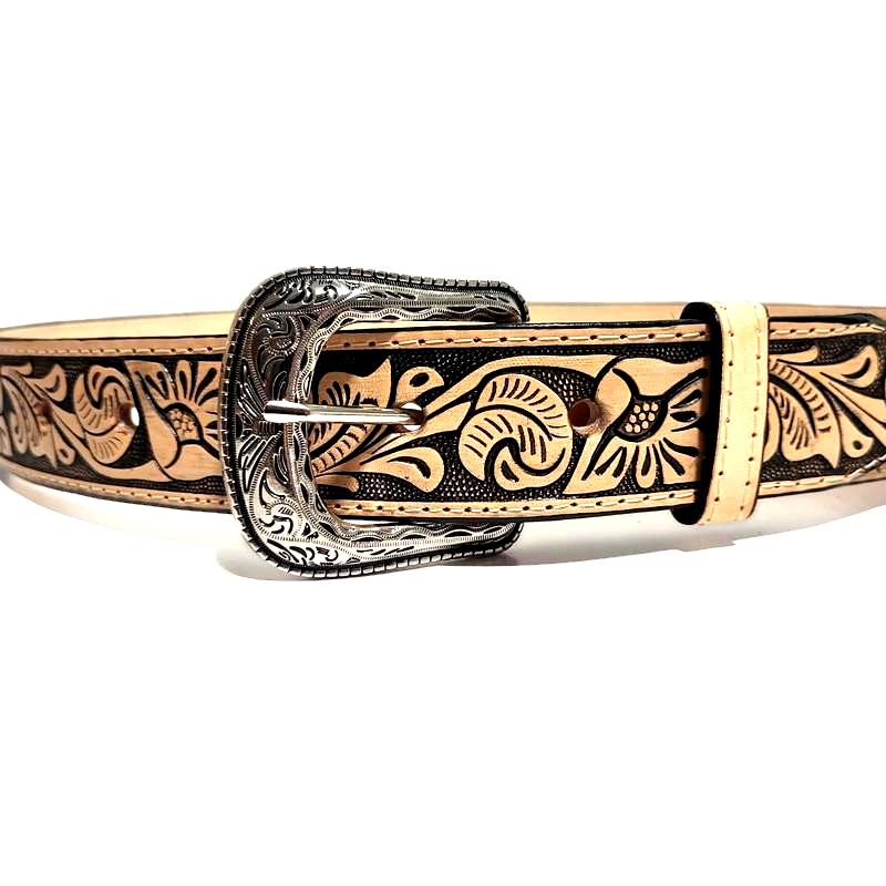 Brown Leather Belt for Women Floral Embosed Boho Rodeo Bohemian