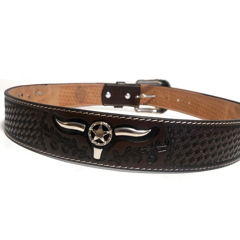 Embossed Leather Belt for Men Cowboy Brown Rodeo Rustic Western Belt