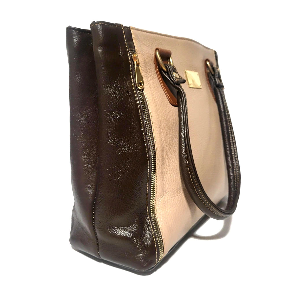 Handmade Genuine Leather Tote Bag: Brown Zippered Shoulder Bag