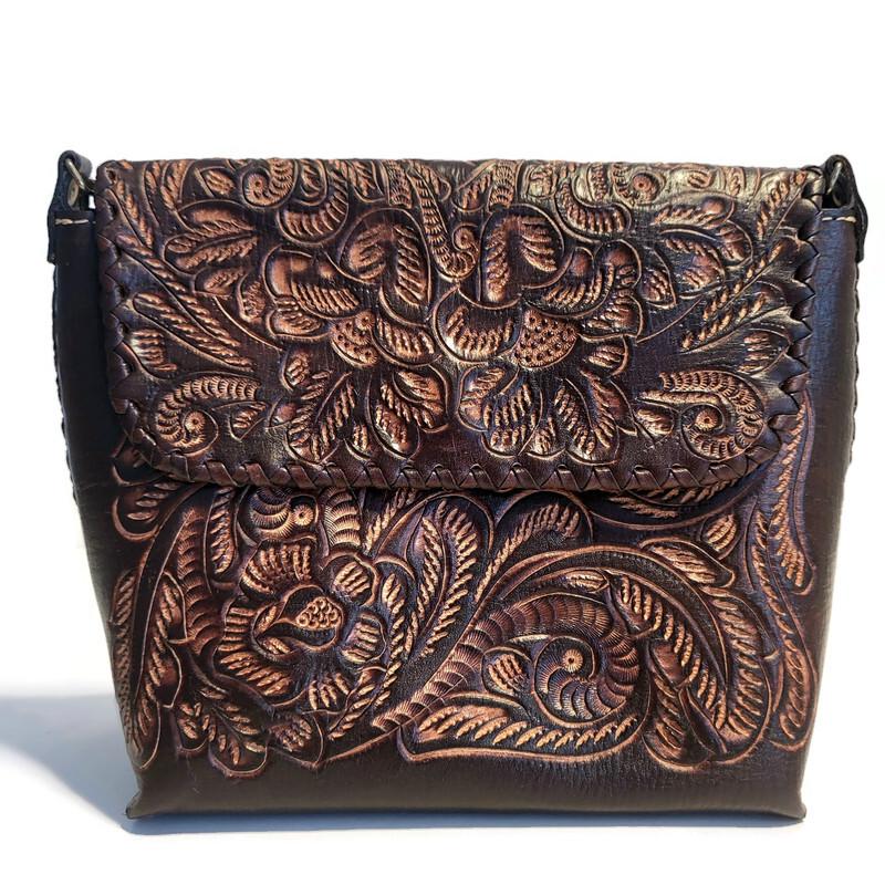 Hand-Tooled Leather Shoulder Bag: Brown Cowhide Purse