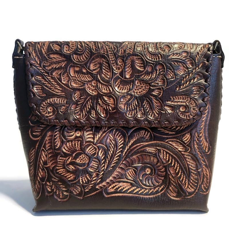 Hand-Tooled Leather Shoulder Bag: Brown Cowhide Purse
