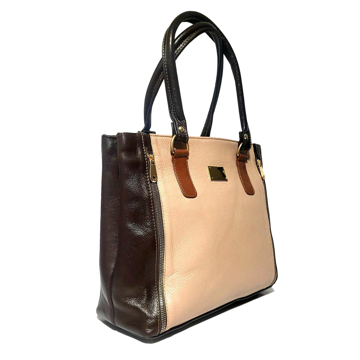 Handmade Genuine Leather Tote Bag: Brown Zippered Shoulder Bag