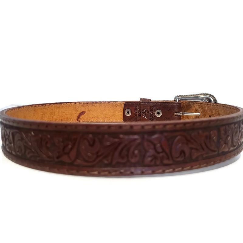 Brown Leather Belt for Kids Embossed Floral Design Boho Bohemian Personalized