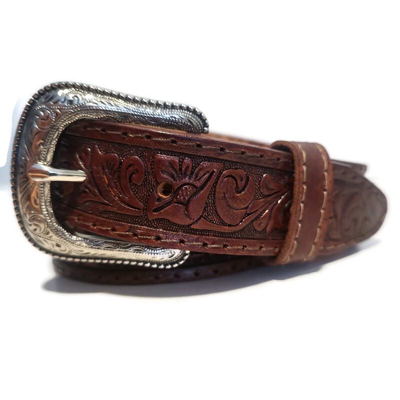 Brown Leather Belt for Kids Embossed Floral Design Boho Bohemian Personalized