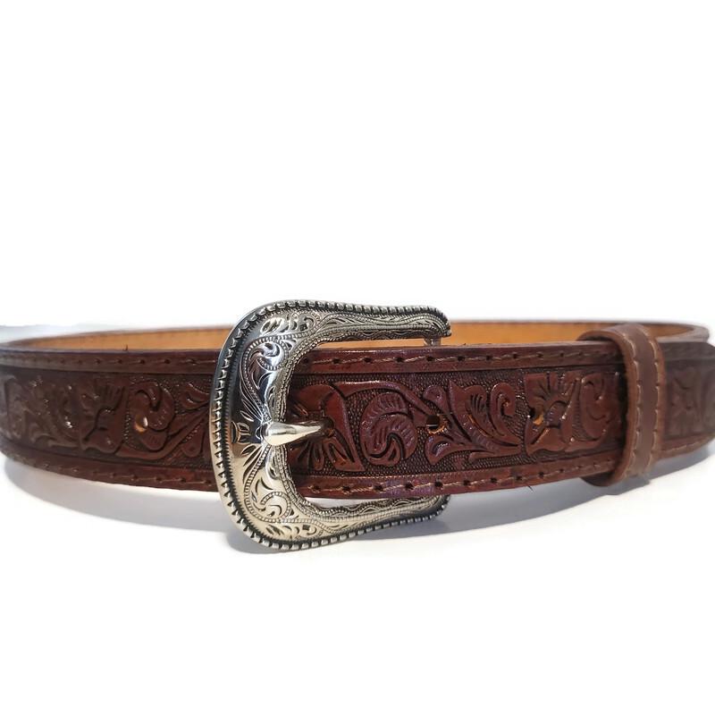 Brown Leather Belt for Kids Embossed Floral Design Boho Bohemian Personalized