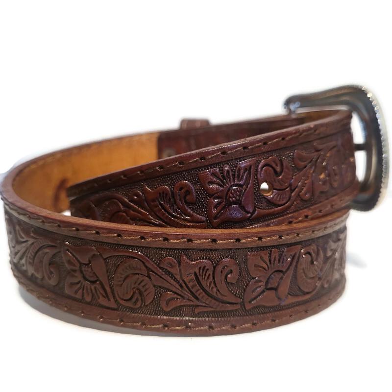 Brown Leather Belt for Kids Embossed Floral Design Boho Bohemian Personalized