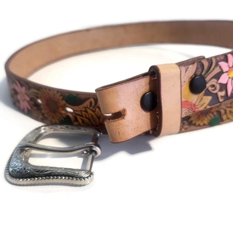 Sunflower Brown Leather Belt for Kids  Embossed Floral Design, Personalized Gift for Girls