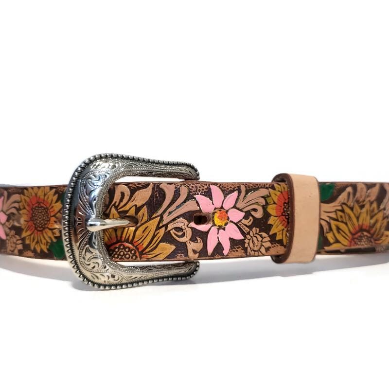 Sunflower Brown Leather Belt for Kids  Embossed Floral Design, Personalized Gift for Girls