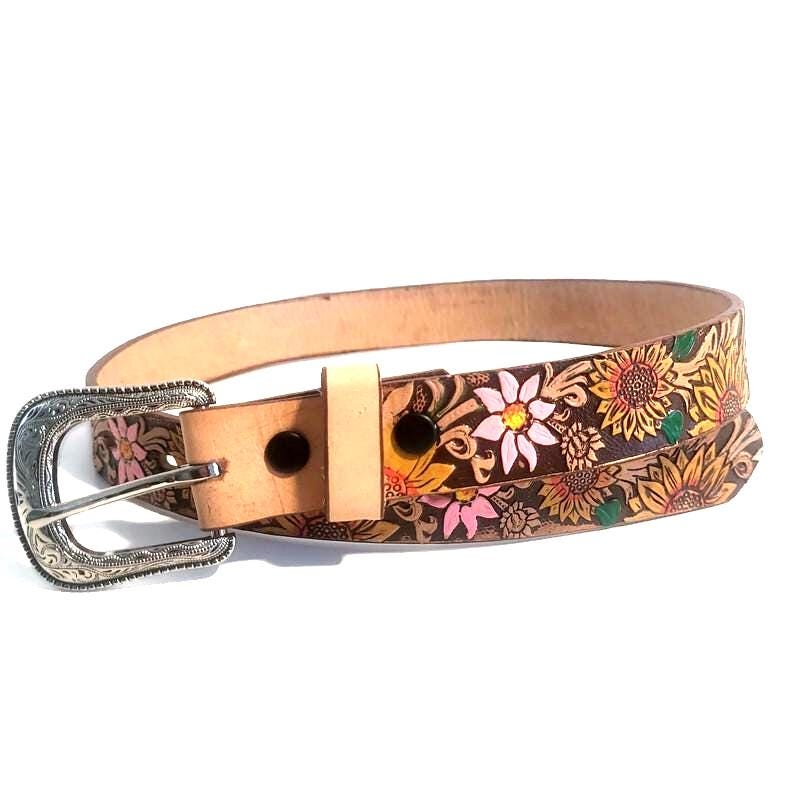 Sunflower Brown Leather Belt for Kids  Embossed Floral Design, Personalized Gift for Girls