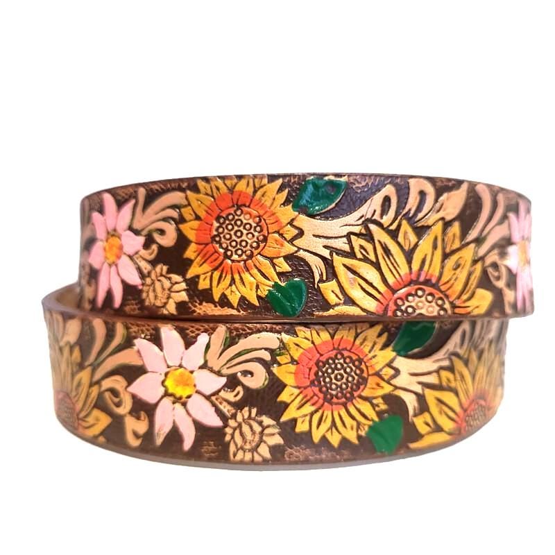 Sunflower Brown Leather Belt for Kids  Embossed Floral Design, Personalized Gift for Girls