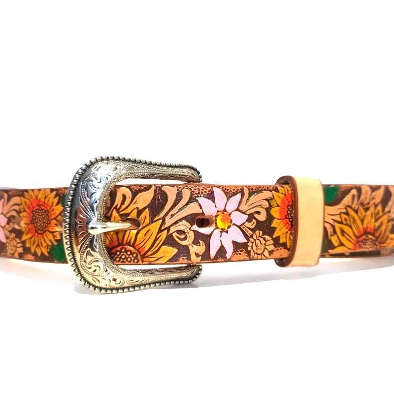 Sunflower Brown Leather Belt for Kids  Embossed Floral Design, Personalized Gift for Girls