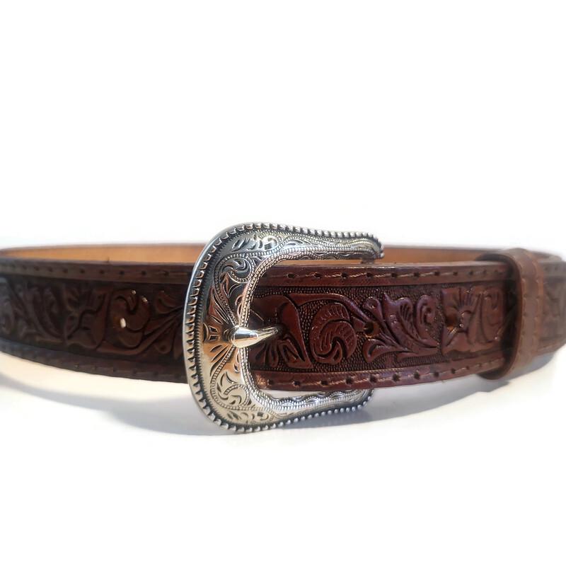 Brown Leather Belt for Kids Embossed Floral Design Boho Bohemian Personalized