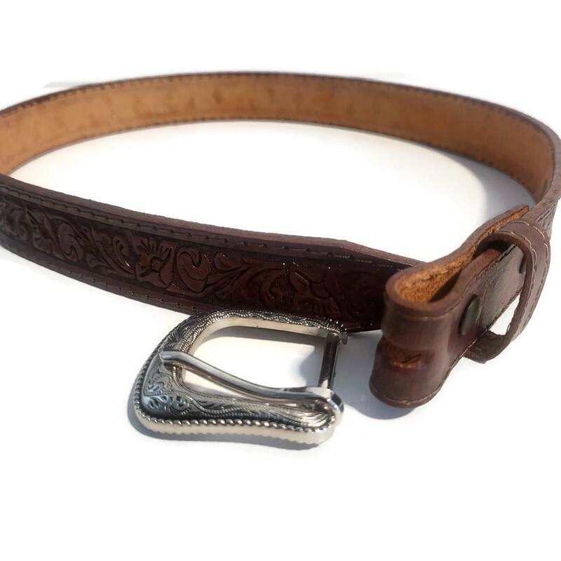 Brown Leather Belt for Kids Embossed Floral Design Boho Bohemian Personalized