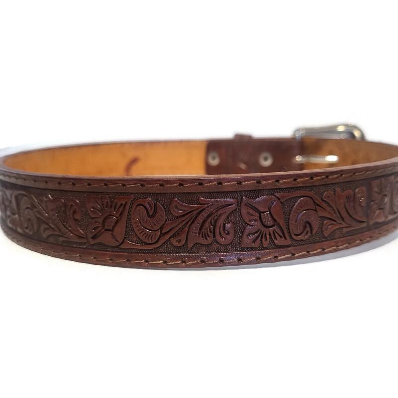 Brown Leather Belt for Kids Embossed Floral Design Boho Bohemian Personalized