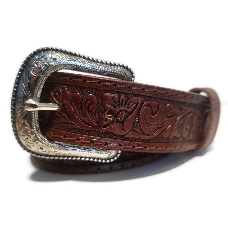 Brown Leather Belt for Kids Embossed Floral Design Boho Bohemian Personalized