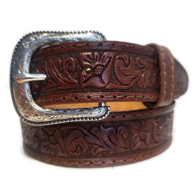 Brown Leather Belt for Kids Embossed Floral Design Boho Bohemian Personalized