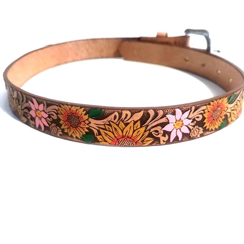 Sunflower Brown Leather Belt for Kids  Embossed Floral Design, Personalized Gift for Girls