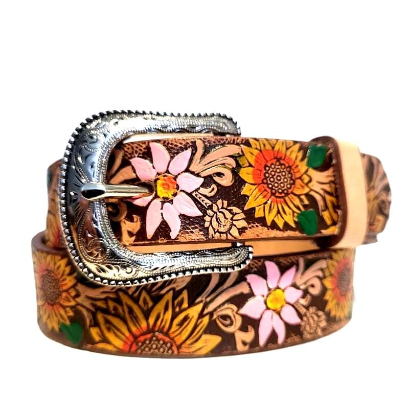 Sunflower Brown Leather Belt for Kids  Embossed Floral Design, Personalized Gift for Girls