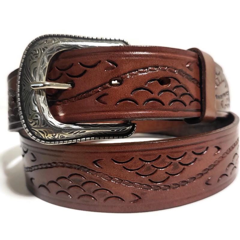 Brown Belt for Men Hand Tooled Leather Cowboy Western Rodeo  Style