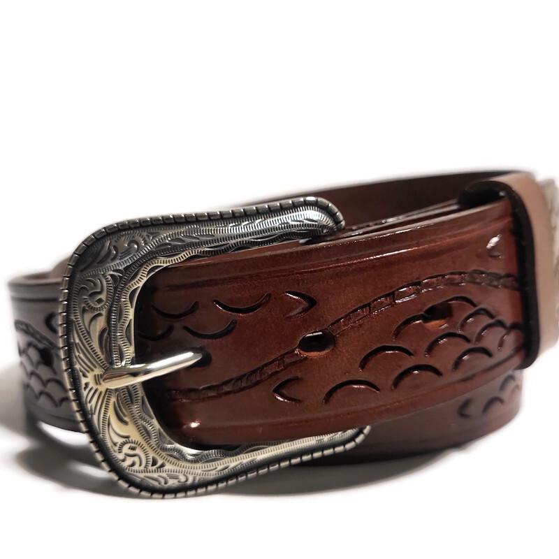 Brown Belt for Men Hand Tooled Leather Cowboy Western Rodeo  Style