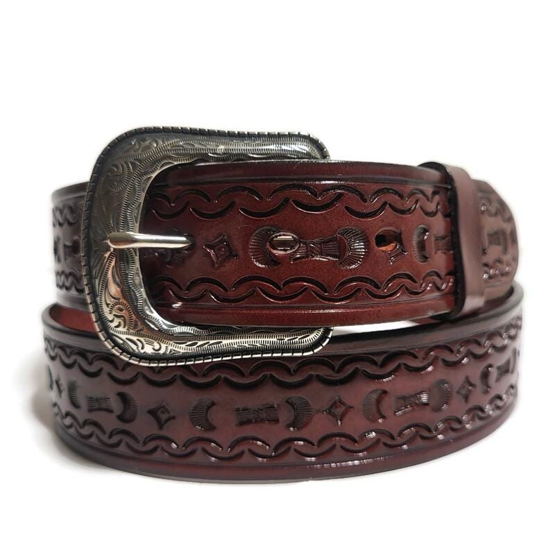 Brown Belt for Men Hand Tooled  Leather Cowboy Rodeo Style Personalized