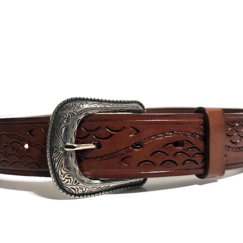 Brown Belt for Men Hand Tooled Leather Cowboy Western Rodeo  Style