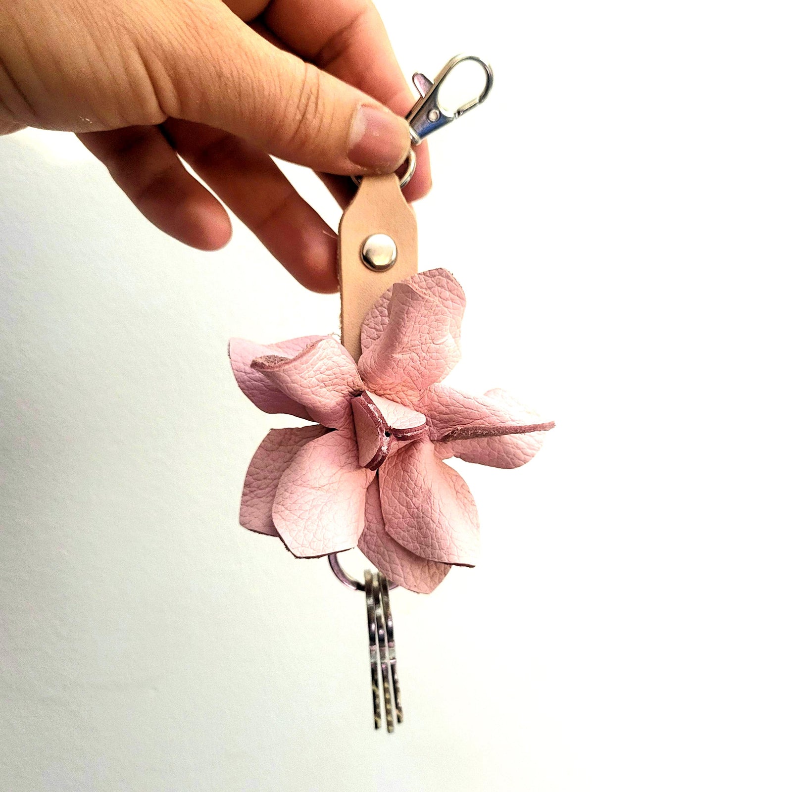 Pink Leather Rose Keychain – Personalized Unique Handmade Flower Charm for Keys & Bags