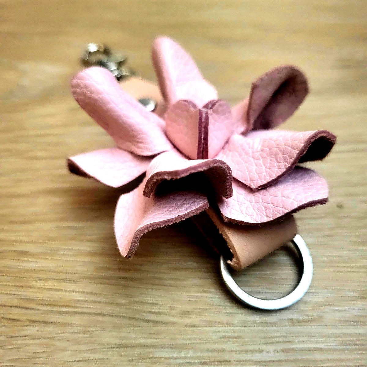 Pink Leather Rose Keychain – Personalized Unique Handmade Flower Charm for Keys &amp; Bags