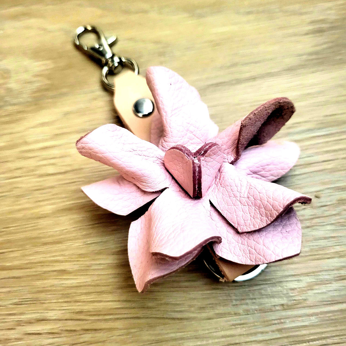 Pink Leather Rose Keychain – Personalized Unique Handmade Flower Charm for Keys &amp; Bags