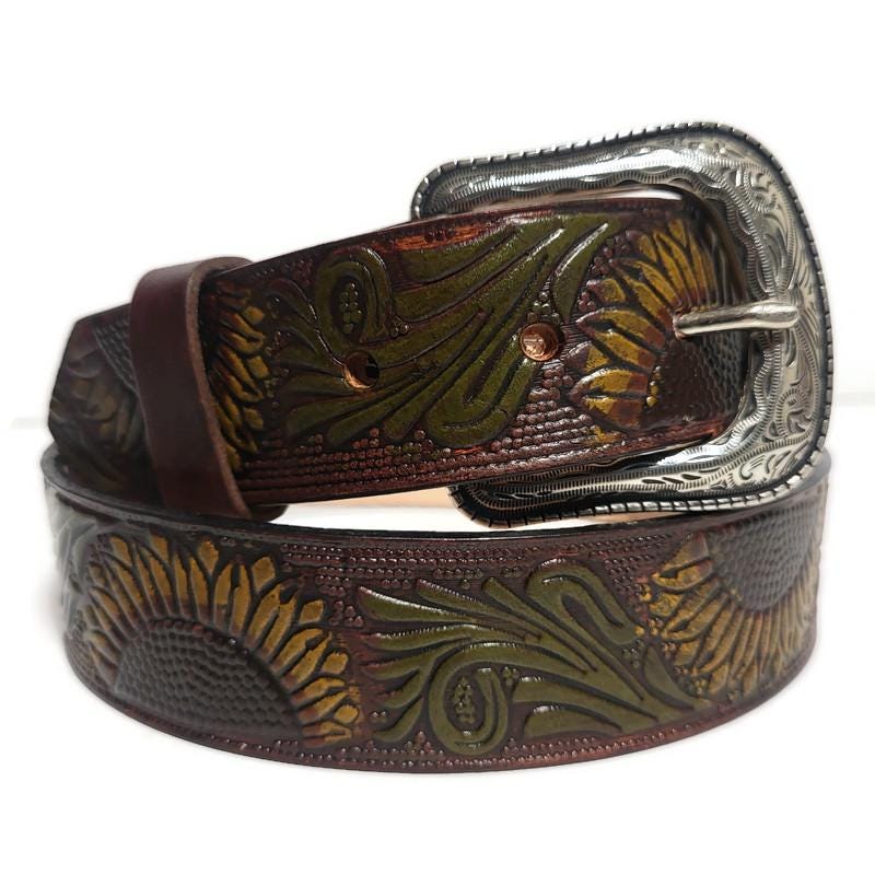 Brown Leather Belt For Women,  Sunflower Embossed Bohemian Boho , Personalized