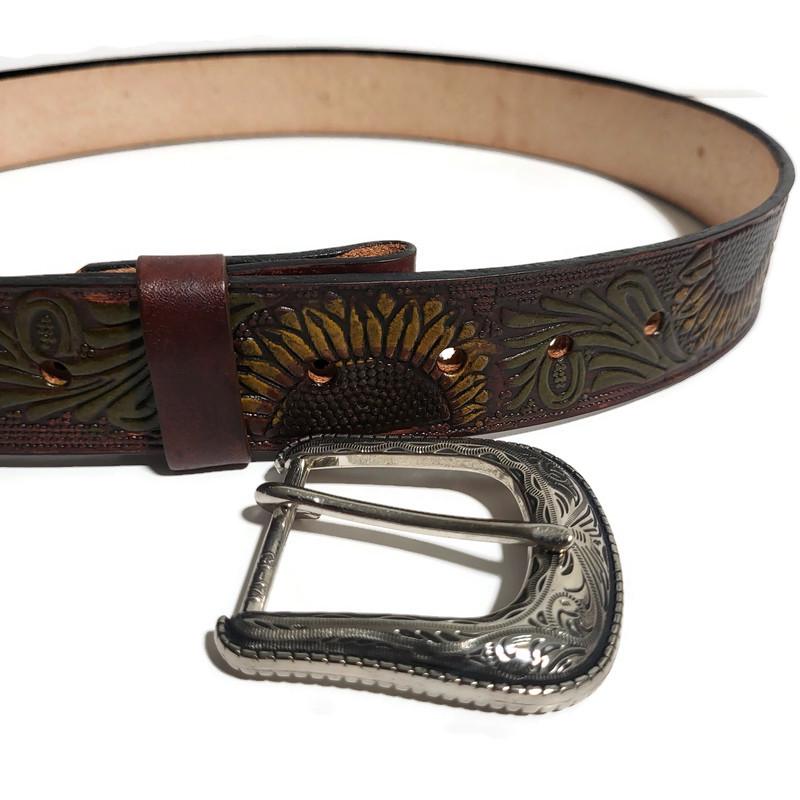 Brown Leather Belt For Women,  Sunflower Embossed Bohemian Boho , Personalized