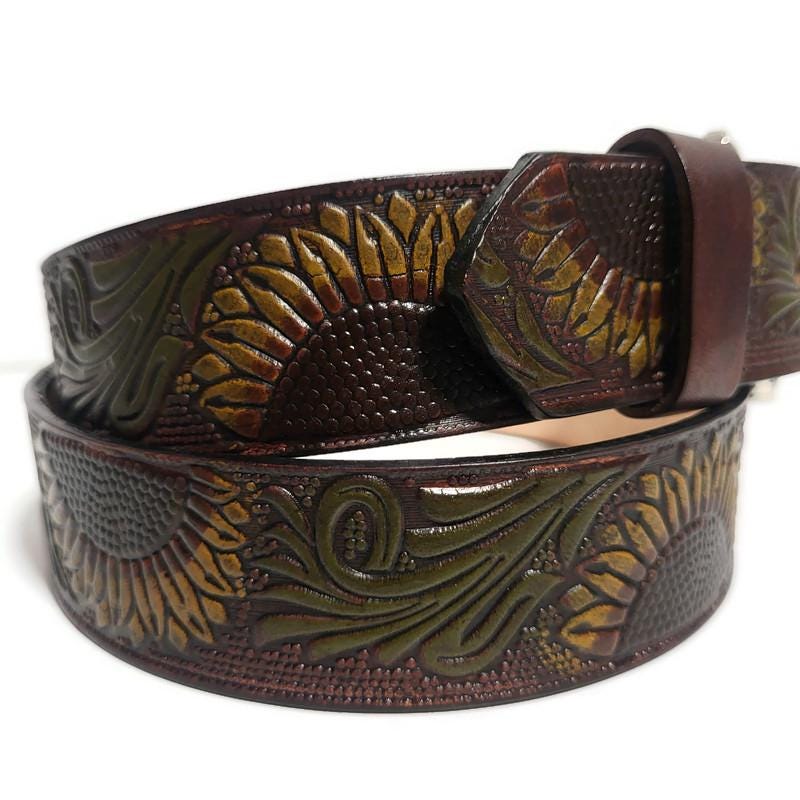 Brown Leather Belt For Women,  Sunflower Embossed Bohemian Boho , Personalized