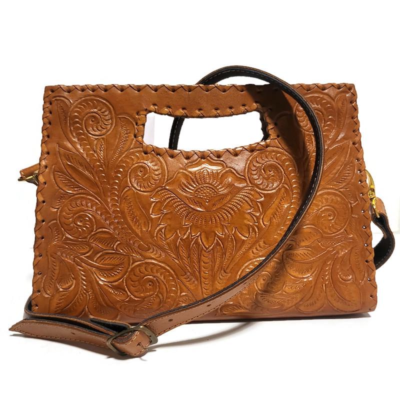 Hand Tooled Leather Handbag Boho Floral Embossed  Western Cowgirl Shoulder Bag