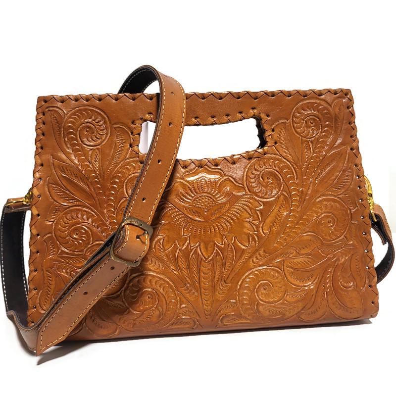 Hand Tooled Leather Handbag Boho Floral Embossed  Western Cowgirl Shoulder Bag