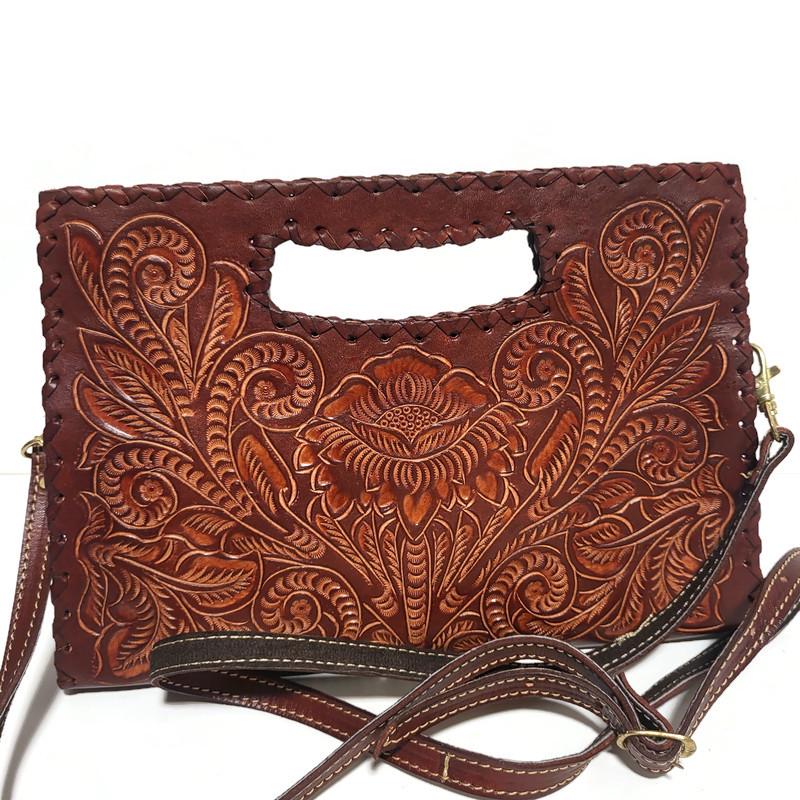 Hand Tooled Leather Handbag Boho Floral Embossed  Western Cowgirl Shoulder Bag