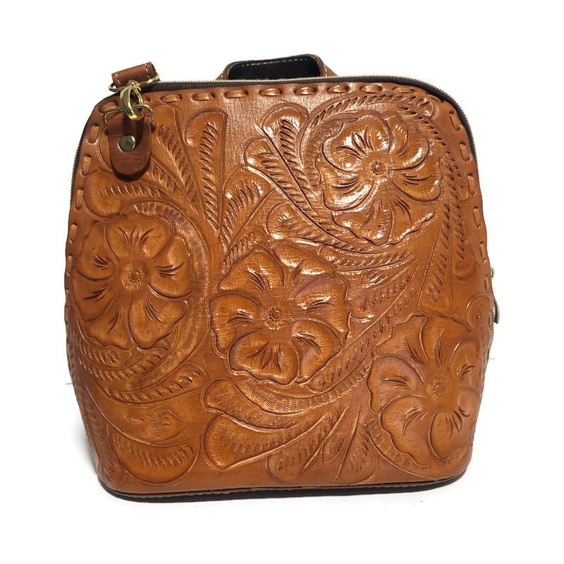 Hand tooled  Leather Womens Bag Backpack,  Brown, Rodeo  Bohemian  Boho-chic