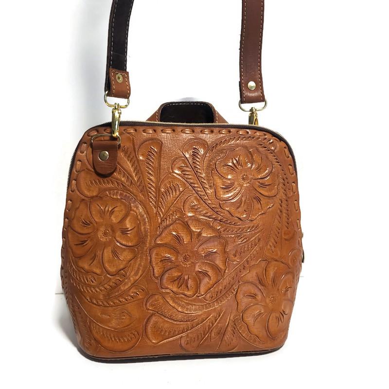 Hand tooled  Leather Womens Bag Backpack,  Brown, Rodeo  Bohemian  Boho-chic