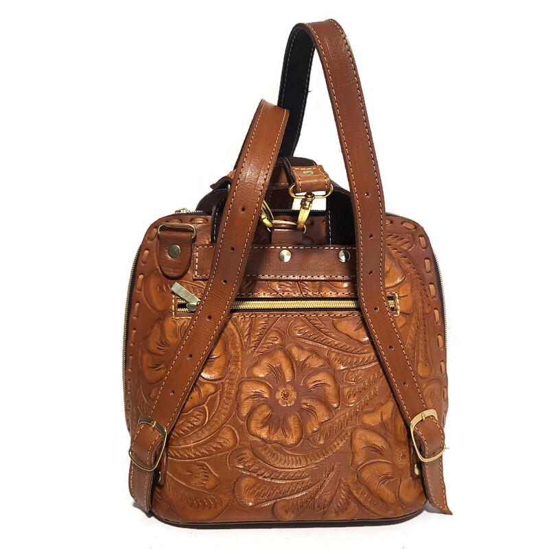 Hand tooled  Leather Womens Bag Backpack,  Brown, Rodeo  Bohemian  Boho-chic