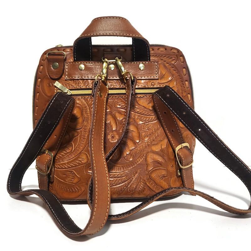 Hand tooled  Leather Womens Bag Backpack,  Brown, Rodeo  Bohemian  Boho-chic