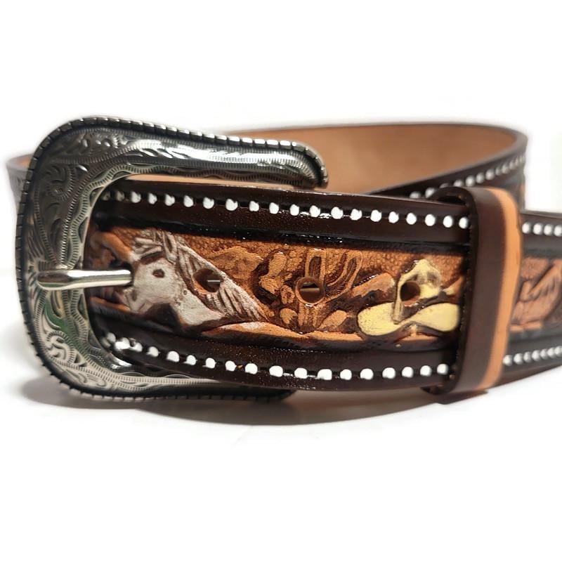Personalized Black Western Leather Belt for Men, Embossed Cowhide, Snap Buckle