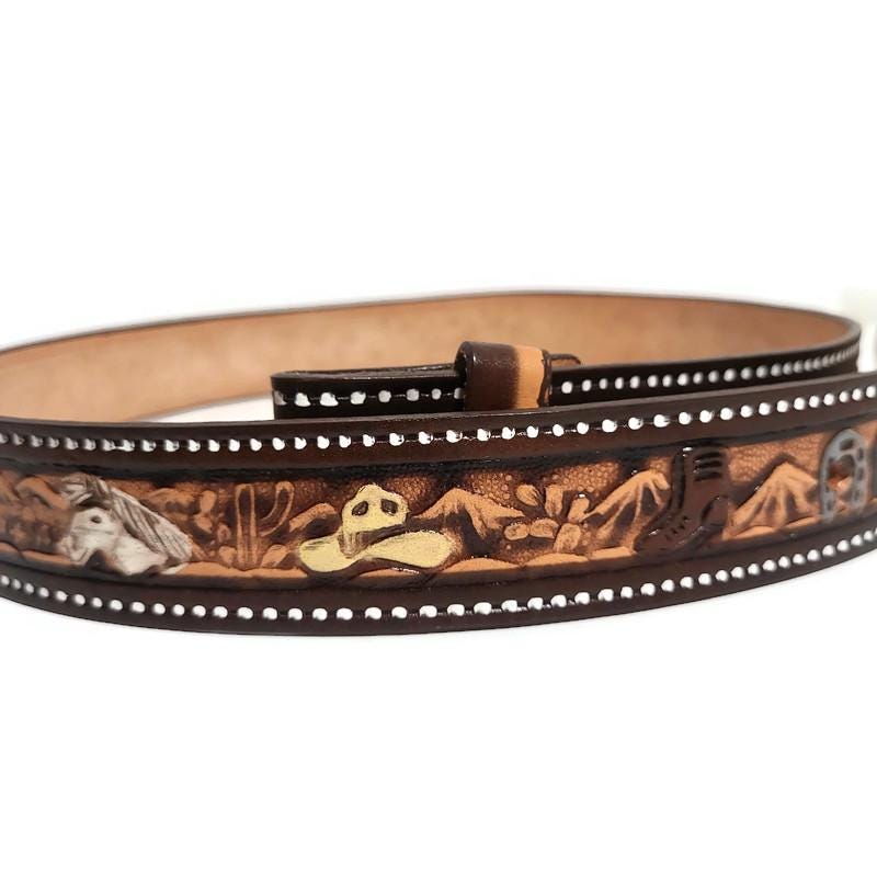 Personalized Black Western Leather Belt for Men, Embossed Cowhide, Snap Buckle
