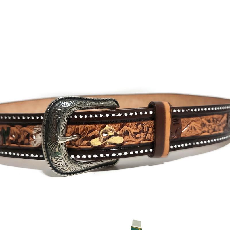 Personalized Black Western Leather Belt for Men, Embossed Cowhide, Snap Buckle