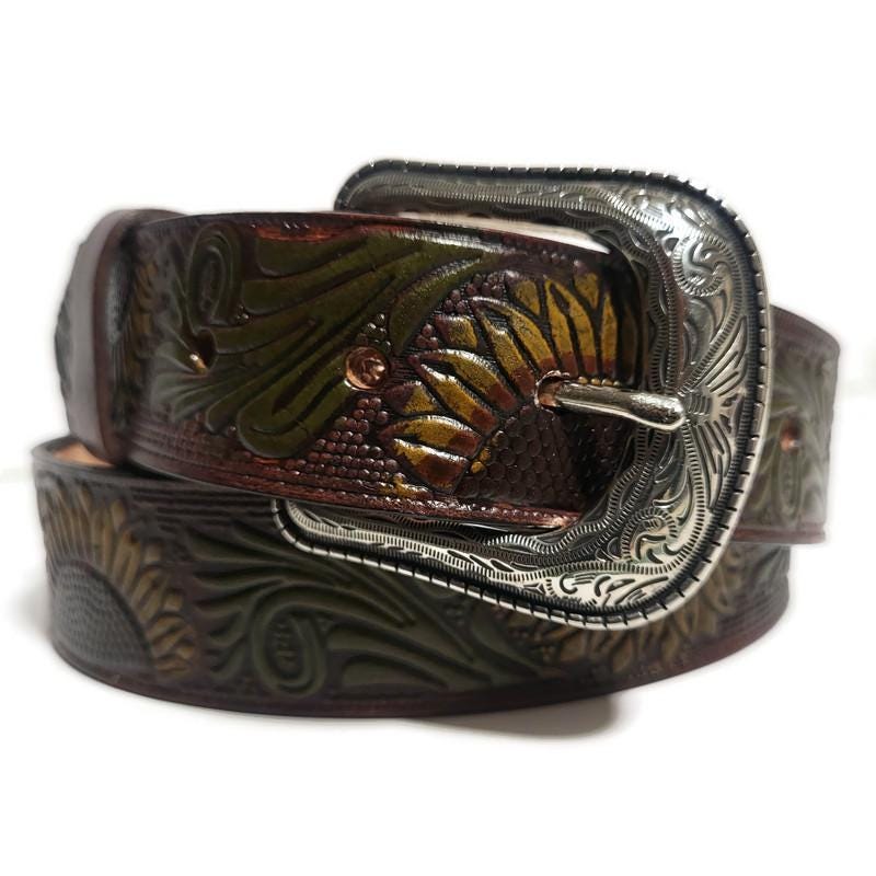 Brown Leather Belt For Women,  Sunflower Embossed Bohemian Boho , Personalized