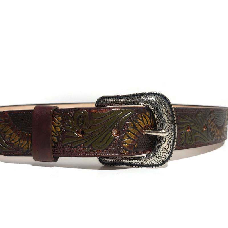Brown Leather Belt For Women,  Sunflower Embossed Bohemian Boho , Personalized