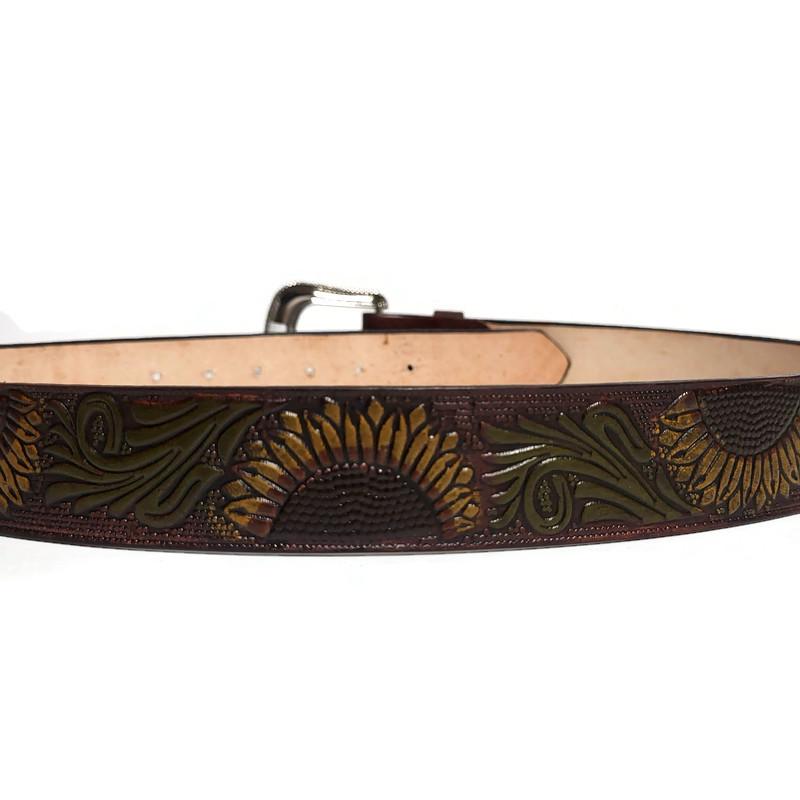 Brown Leather Belt For Women,  Sunflower Embossed Bohemian Boho , Personalized